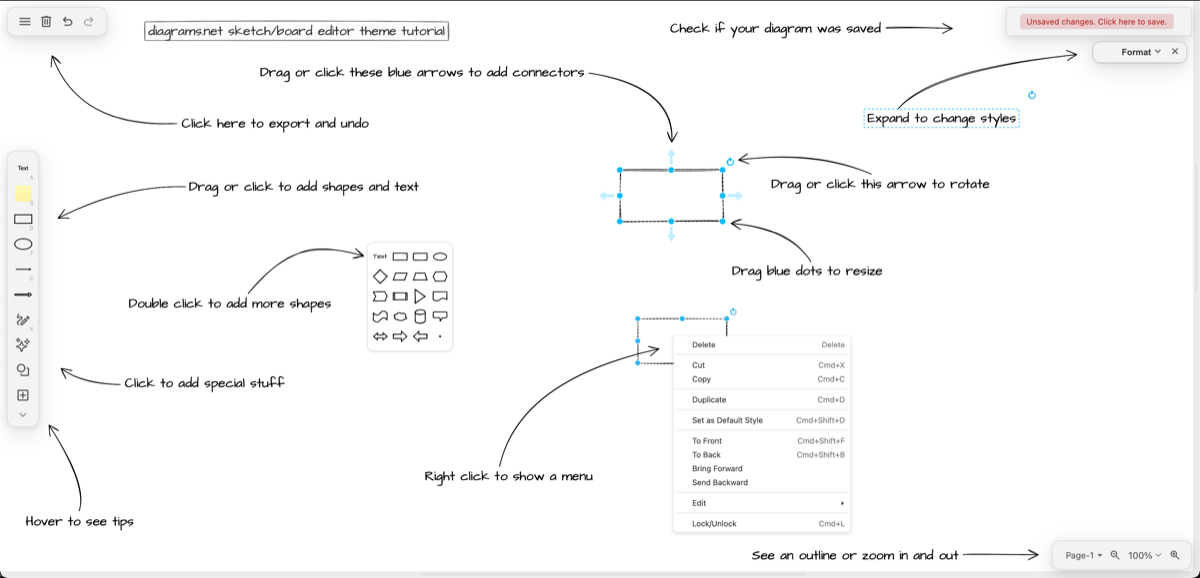 The draw.io editor canvas with shape tools, selection handles, connector controls, formatting controls, and diagram annotations.