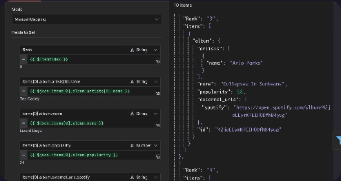 Node configuration panel showing manual field mapping with expressions alongside JSON output data.