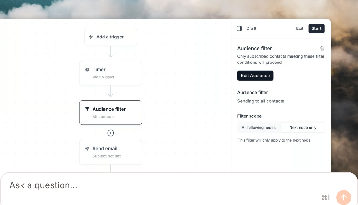 Workflow builder canvas showing trigger, timer, filter, and email nodes, alongside an audience filter settings sidebar.