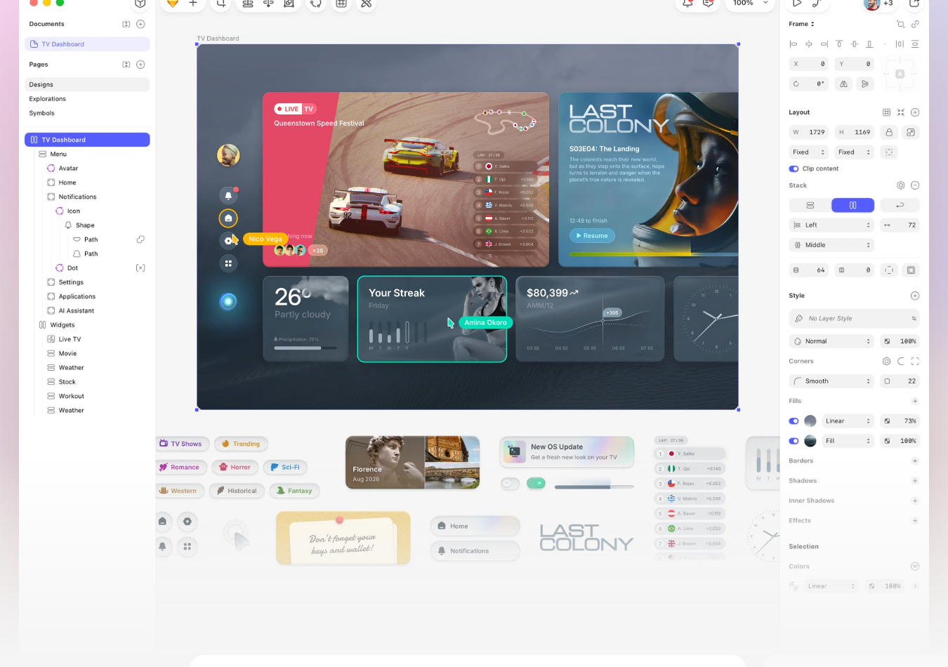 Sketch editor interface showing canvas artboards, left sidebar with document pages and layers, and right inspector with layout, stack, and style controls.