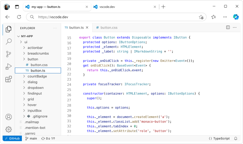 VS Code for the Web running in a browser window, showing the file explorer sidebar, open editor tabs, and a TypeScript source file.