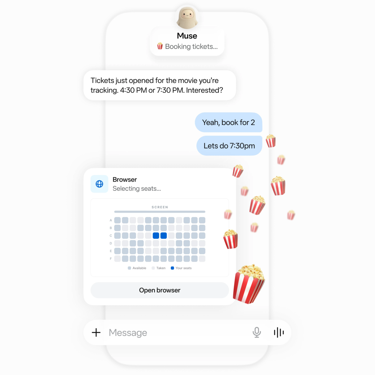 Mobile chat conversation with Muse showing ticket booking messages, an interactive seat selection browser card, and a text input bar.