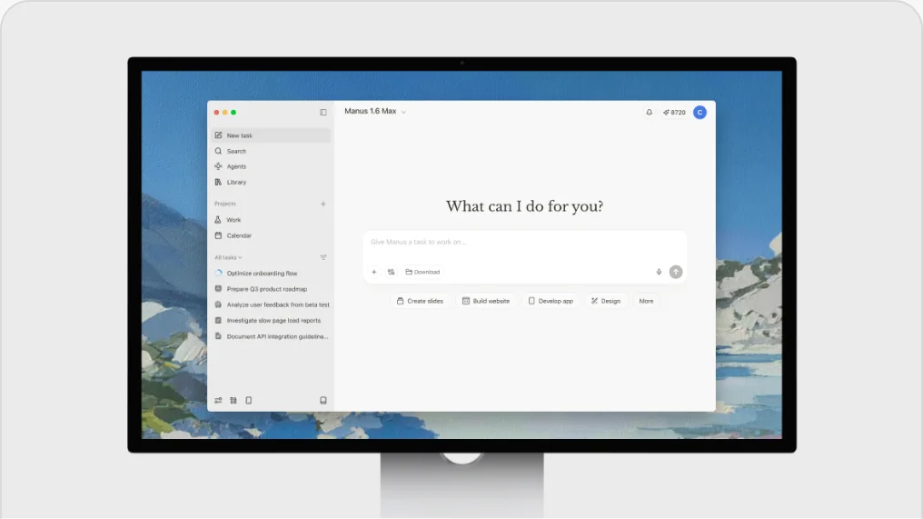 Desktop application interface showing project and task navigation on the left, a central task prompt input, and action buttons for slides, websites, apps, and design.