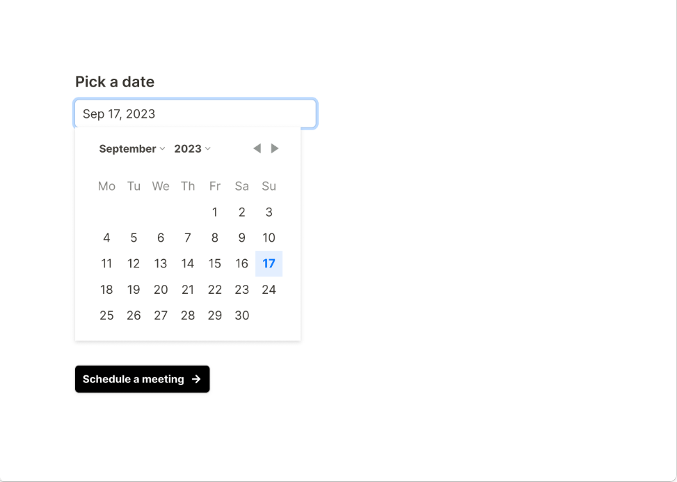 Date picker input field with an open calendar dropdown for September 2023 and a Schedule a meeting button.