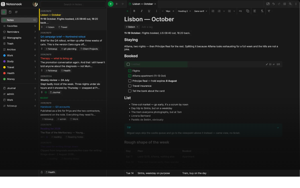 Notesnook web application interface showing the navigation sidebar, notes list pane, and an active note editor with formatting controls, checklists, and a table.