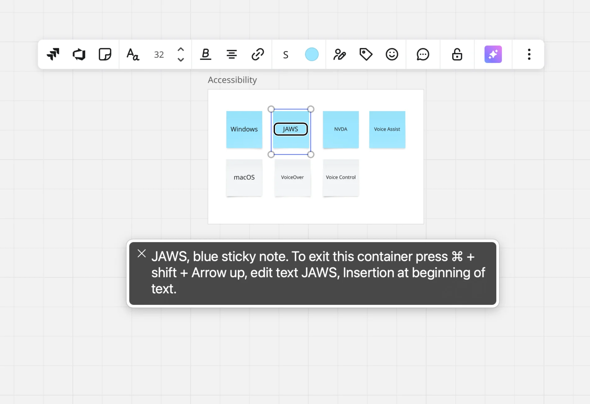 Edit sticky notes on a board with keyboard and screen reader guidance.