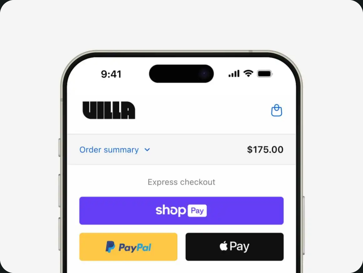 Mobile checkout interface displaying an order summary of $175.00 alongside express payment buttons for Shop Pay, PayPal, and Apple Pay.