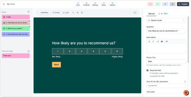 Form editor workspace with question block navigation, a central opinion scale question preview, and block configuration settings.