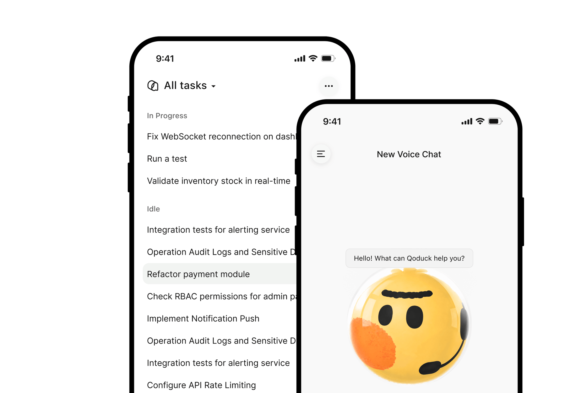 Qoder mobile screens showing a task list grouped by status and a voice chat interface.