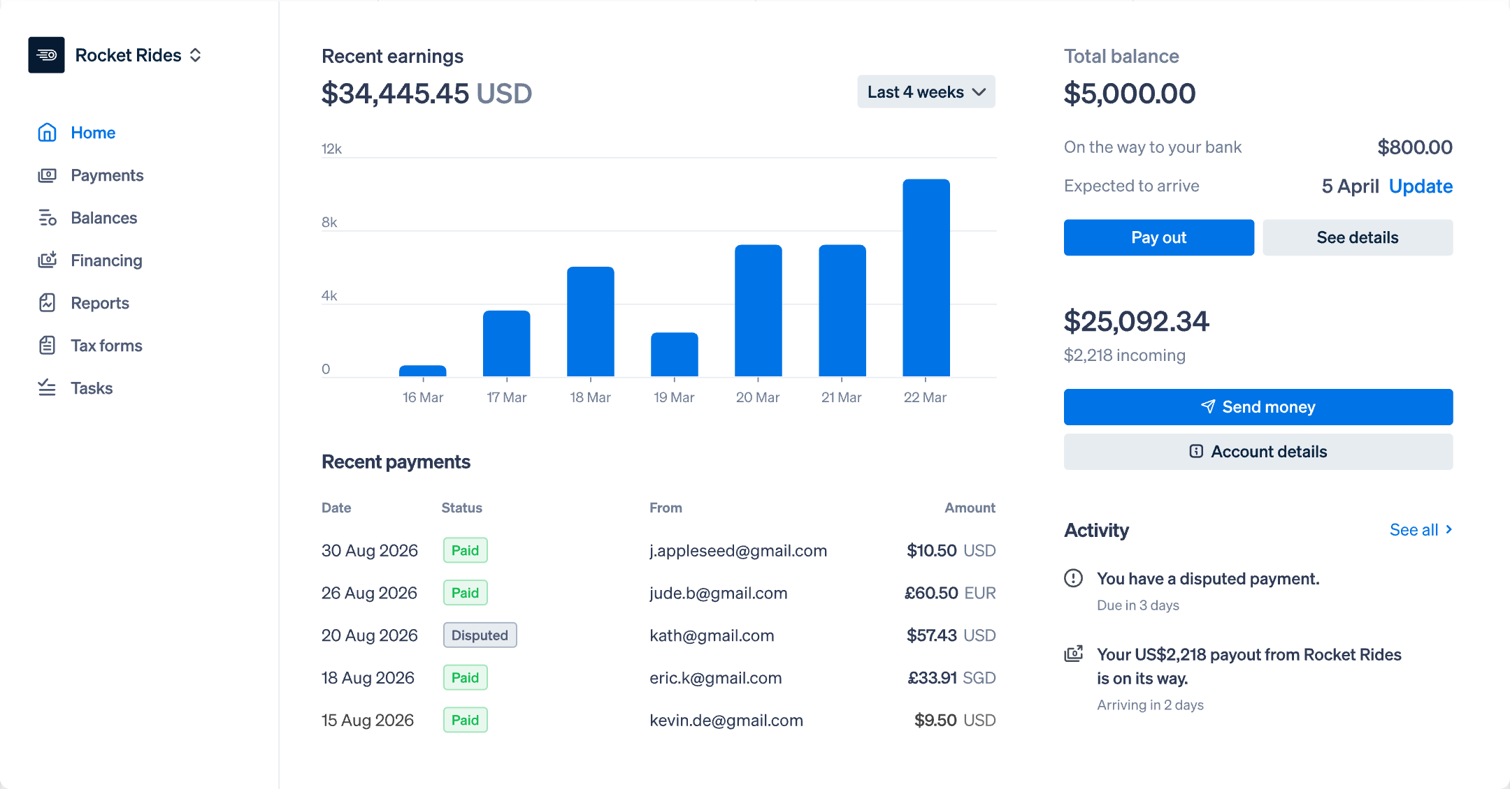Stripe dashboard with recent earnings, balance, payouts, payments, and account activity.