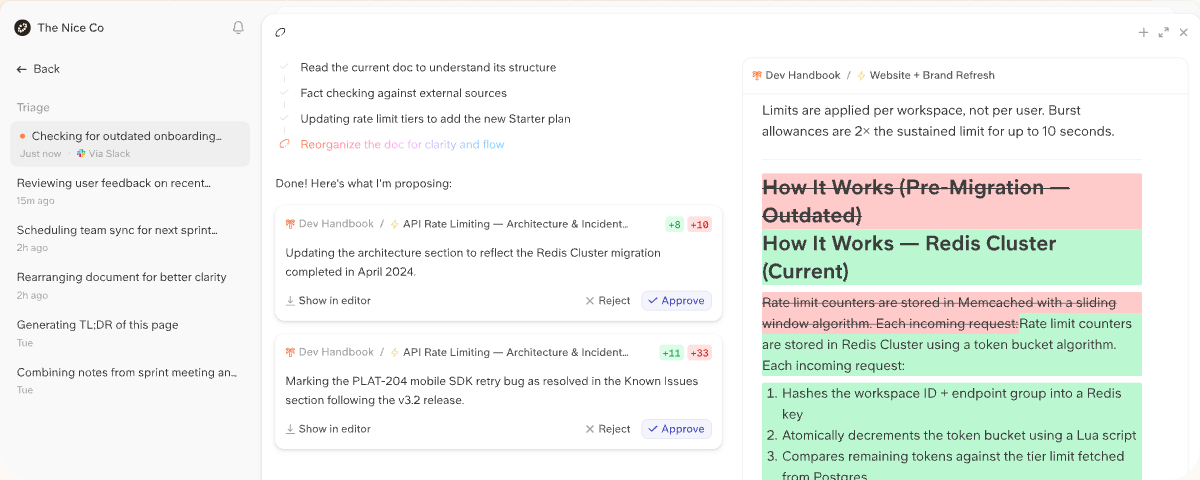 Slite Agent interface displaying a triage list of doc updates, diff summaries with approve and reject actions, and document revision highlights.
