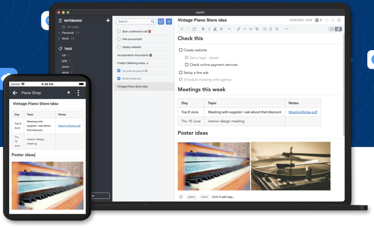 Joplin desktop and mobile user interface displaying notes organized with notebooks and tags, featuring a checklist, a schedule table, and embedded photos.