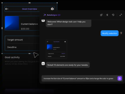 Uizard Autodesigner 2.0 interface displaying a component modification chat alongside an editable Goal Overview UI component with input fields.