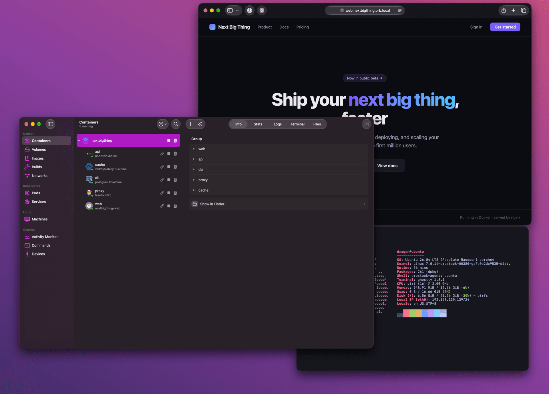 OrbStack’s macOS interface showing a Compose project, running container services, and a Linux machine alongside browser and terminal windows.