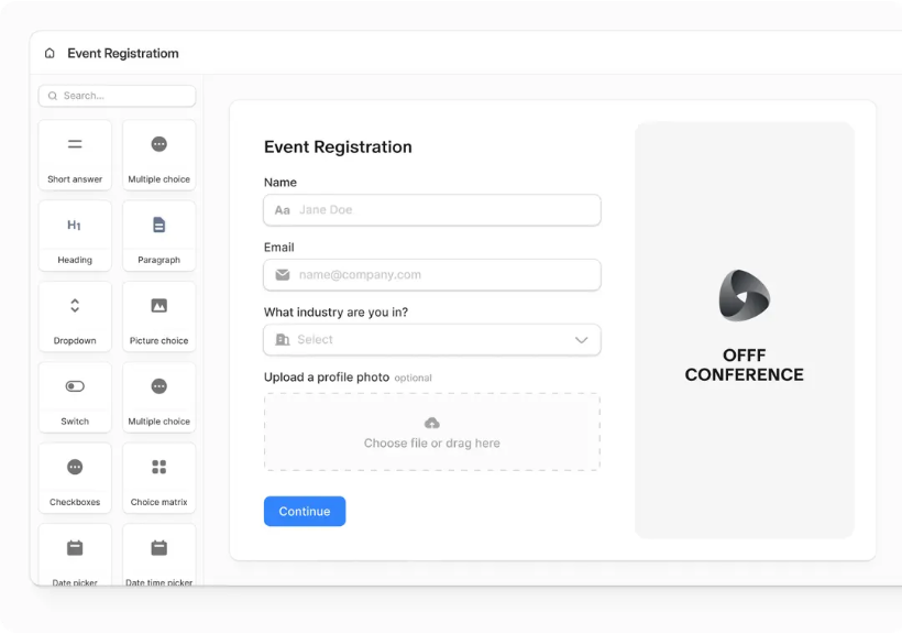 Form builder interface showing a component palette on the left panel with field types such as short answer, dropdown, and file upload, alongside an event registration form canvas.