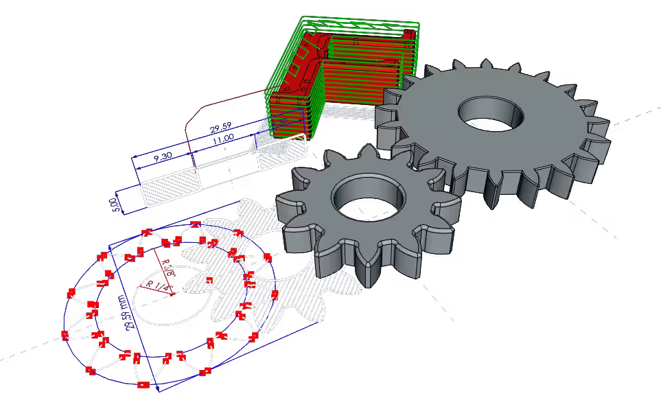 FreeCAD modeling viewport showing a gear assembly alongside sketches, dimensions, and a modeled component.