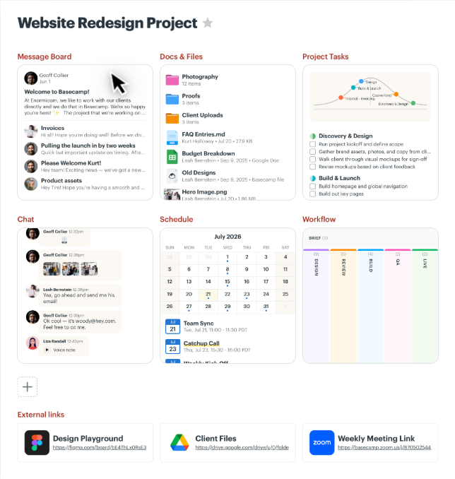 Project interface displaying Message Board, Docs & Files, Project Tasks with Hill Chart, Chat, July 2026 Schedule, Workflow kanban columns, and External links.