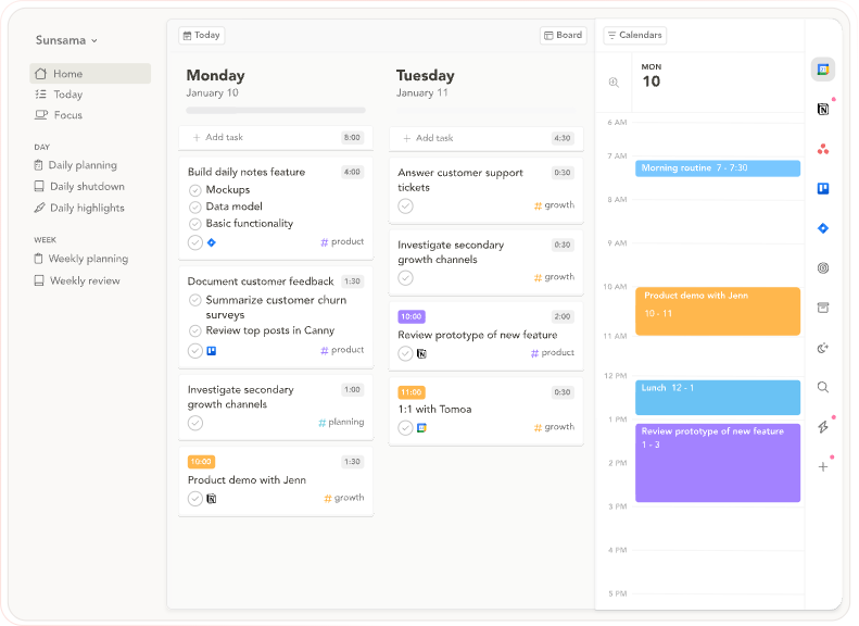 Sunsama desktop interface showing daily task columns for Monday and Tuesday, calendar timeboxing schedule, and left navigation sidebar.