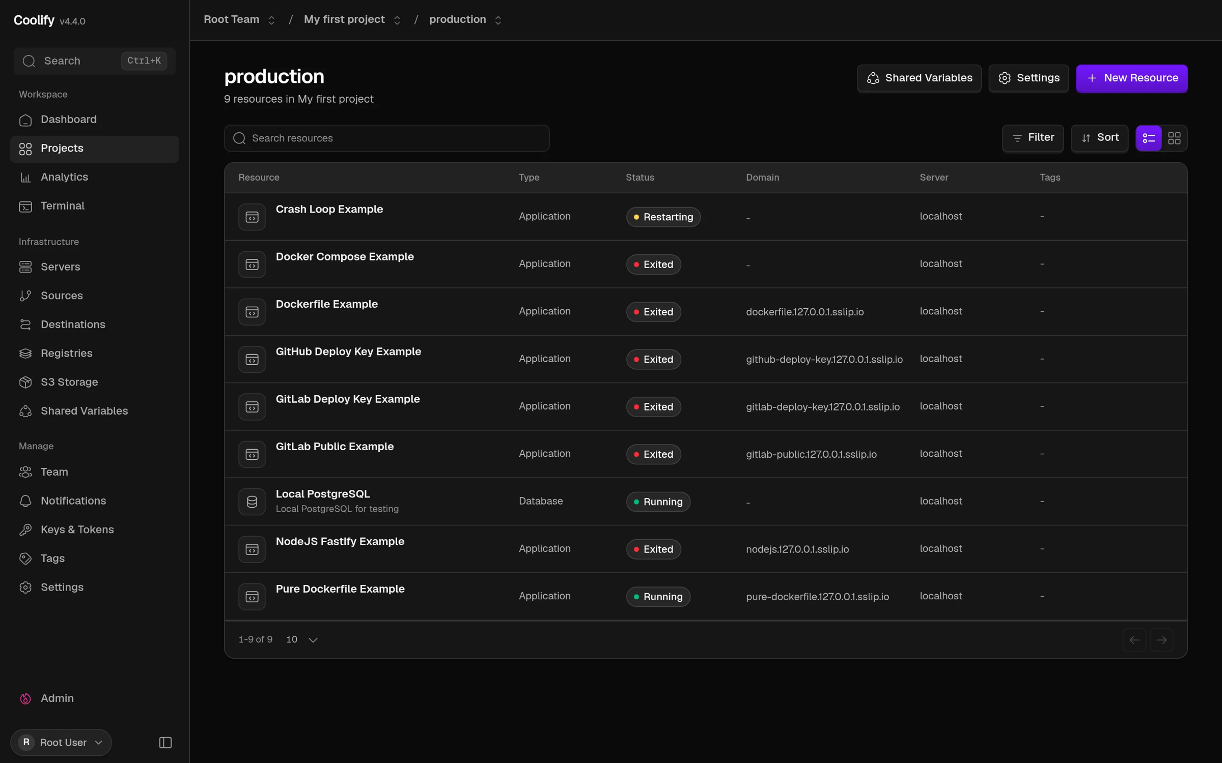 Coolify’s dark project dashboard listing applications and a database with deployment status, domain, server, search, filter, and sorting controls.