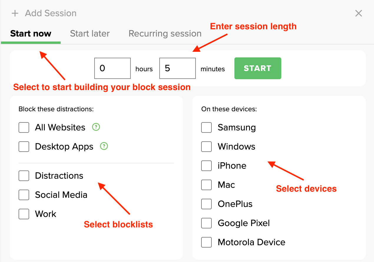 Official guide showing session duration, blocklists, and device selection in the Freedom dashboard.