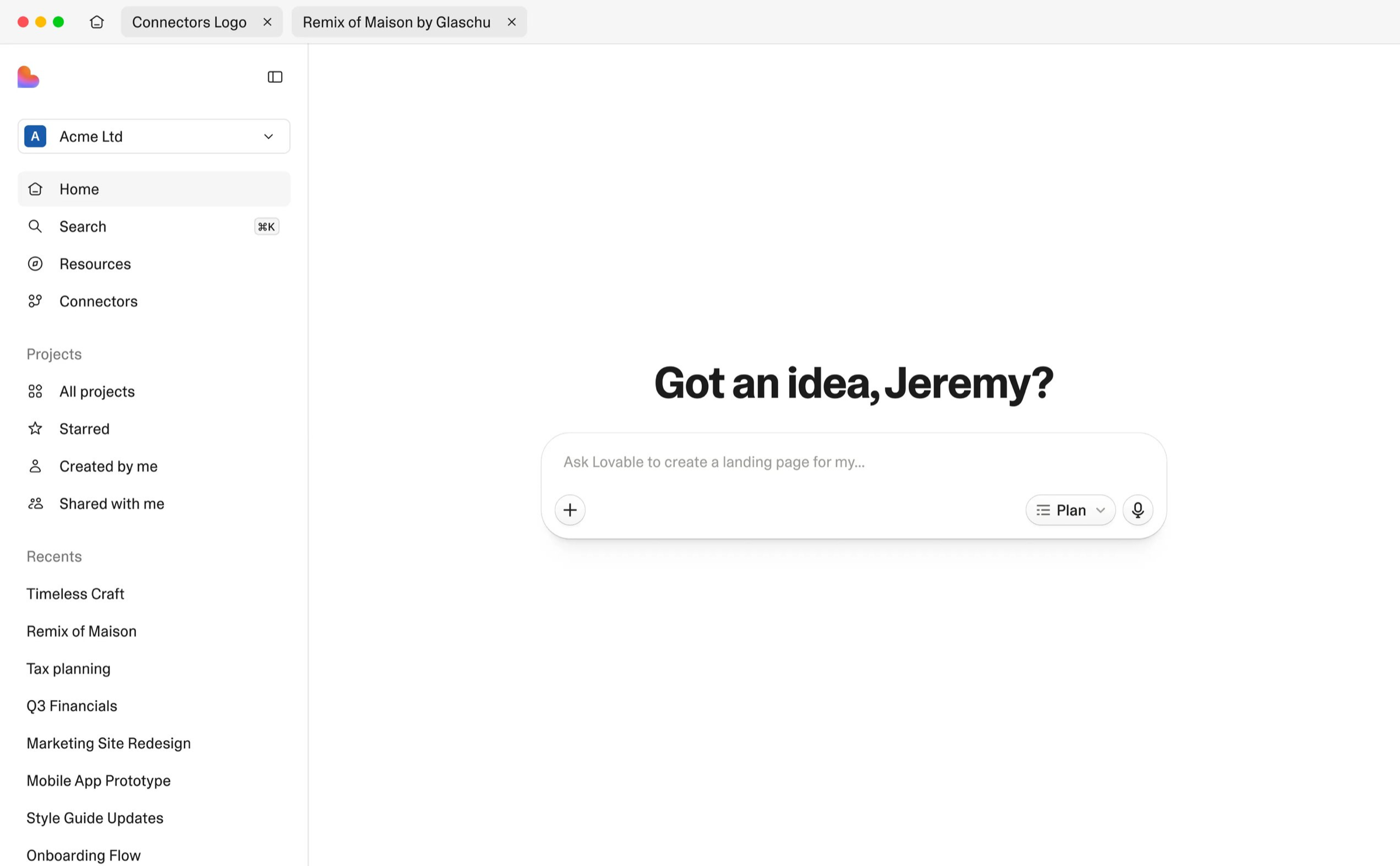 Desktop home screen with workspace navigation, recent projects, and a central prompt input with Plan mode selected.