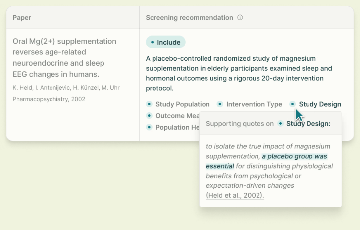 Screening recommendation interface showing paper details, an Include status badge, criteria tags, and a supporting quote popover.
