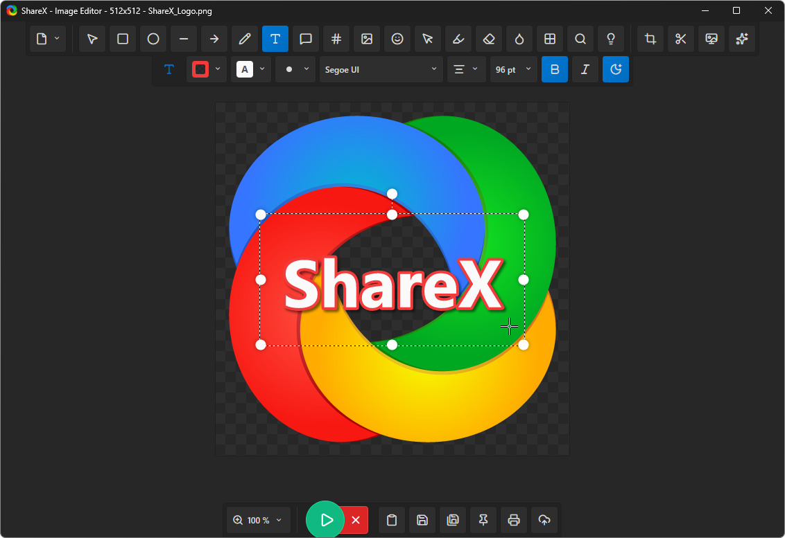ShareX image editor showing annotation controls and a selected text object over an image.