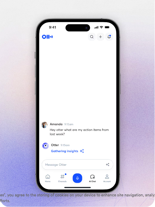 Otter mobile application interface displaying AI Chat with a user prompt, a gathering insights indicator, a text input field, and navigation tabs.