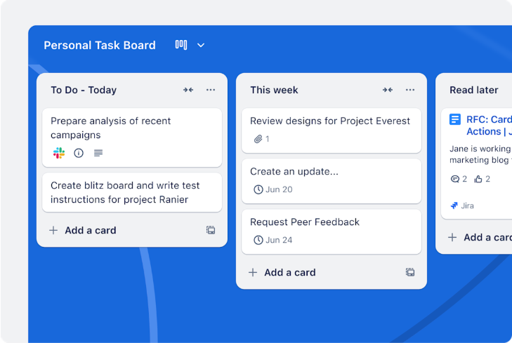 A Trello board view displaying columns titled To Do - Today, This week, and Read later populated with task cards.