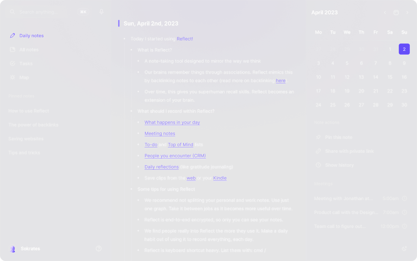 Write daily notes alongside linked notes, tasks, and calendar events.