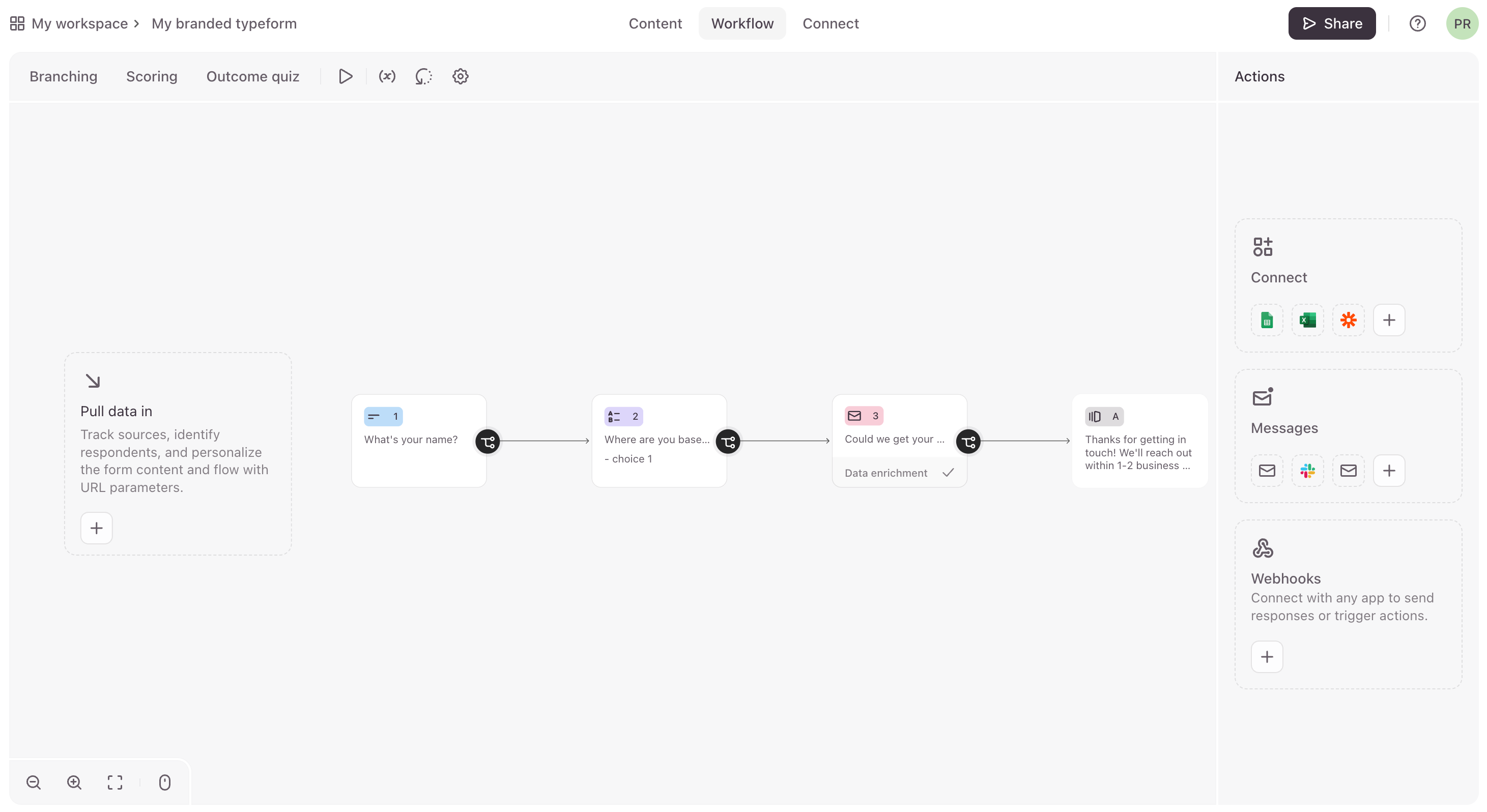 Build a response flow with questions, branching, and connected actions.