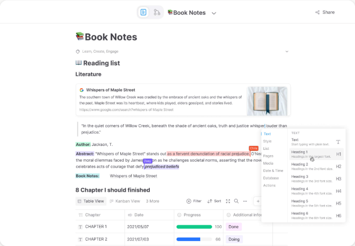 AFFiNE document editor in Page mode showing the 'Book Notes' document, text styling menu, collaborator markers, and an embedded table database.