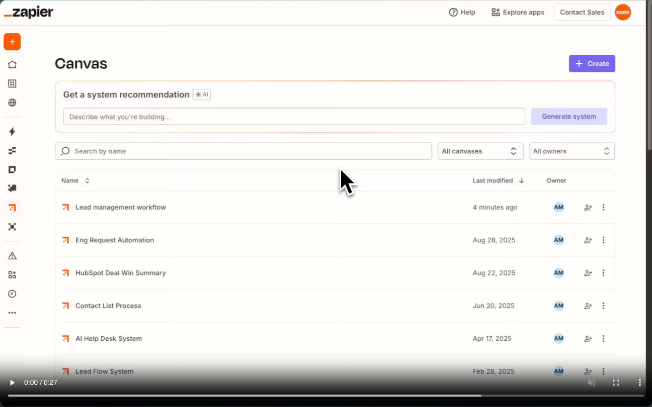 Zapier Canvas dashboard displaying the list of saved canvases, search filters, and an AI system recommendation prompt.