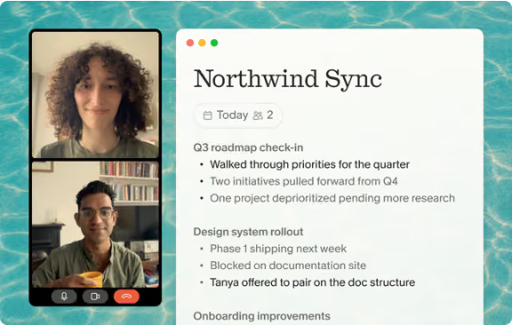 Granola note interface titled Northwind Sync showing meeting notes under roadmap check-in and design system rollout sections alongside video call participants.