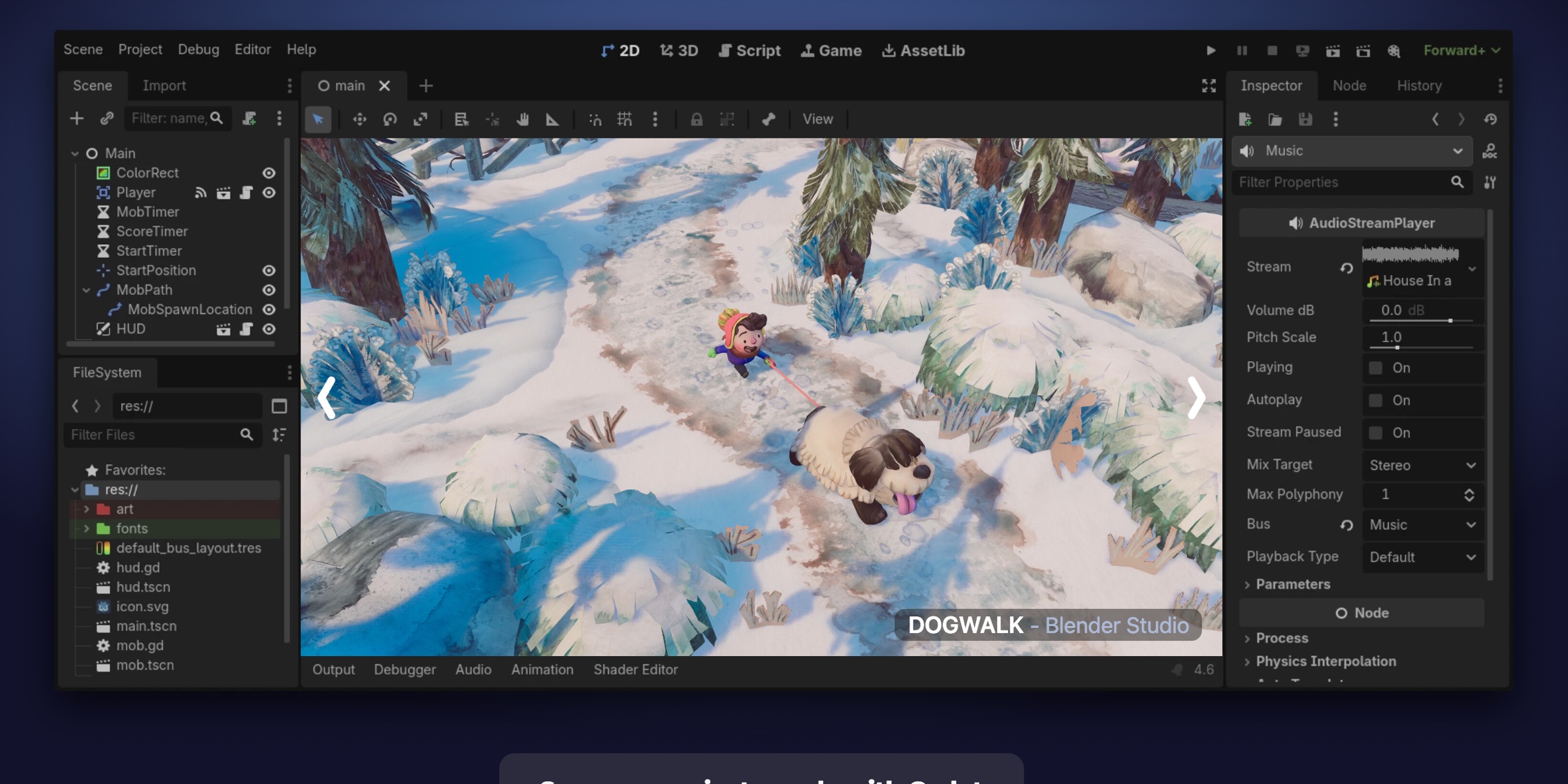 Godot editor showing a 3D game scene, scene hierarchy, project files, inspector controls, and editor workspaces.