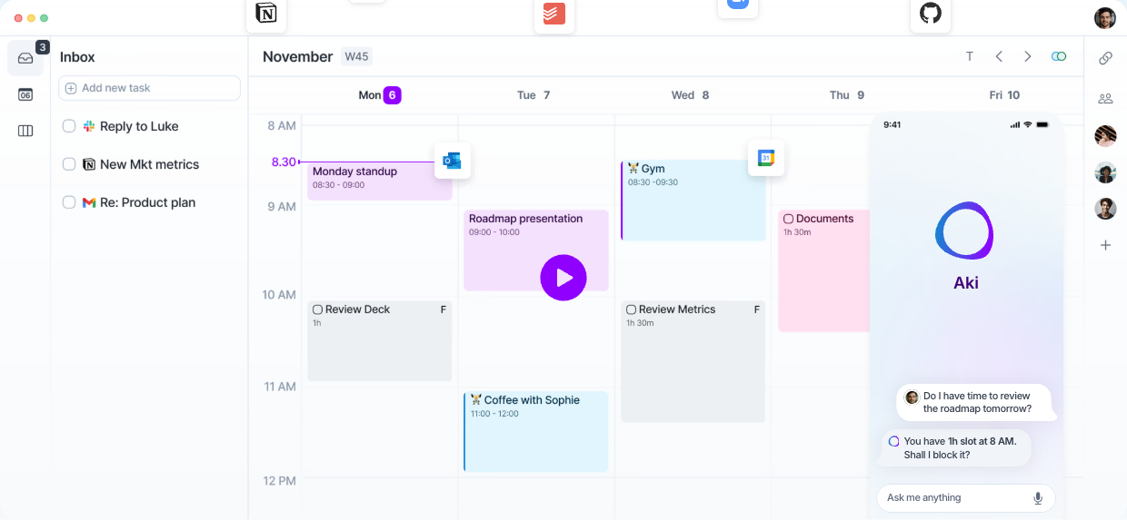Akiflow desktop interface showing the Universal Inbox with tasks from Slack, Notion, and Gmail, a weekly calendar with scheduled events, and the Aki AI assistant chat panel.