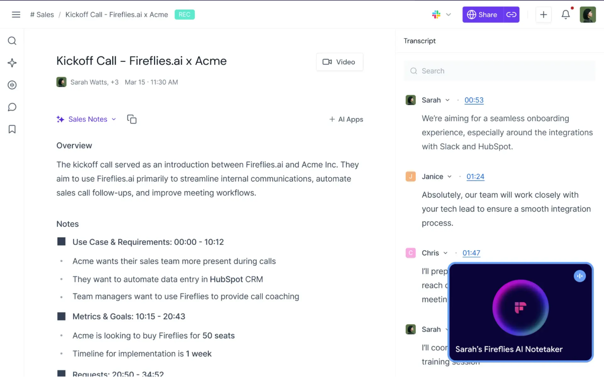 Meeting workspace displaying an overview and bulleted notes with timestamps alongside a searchable transcript with speaker labels.