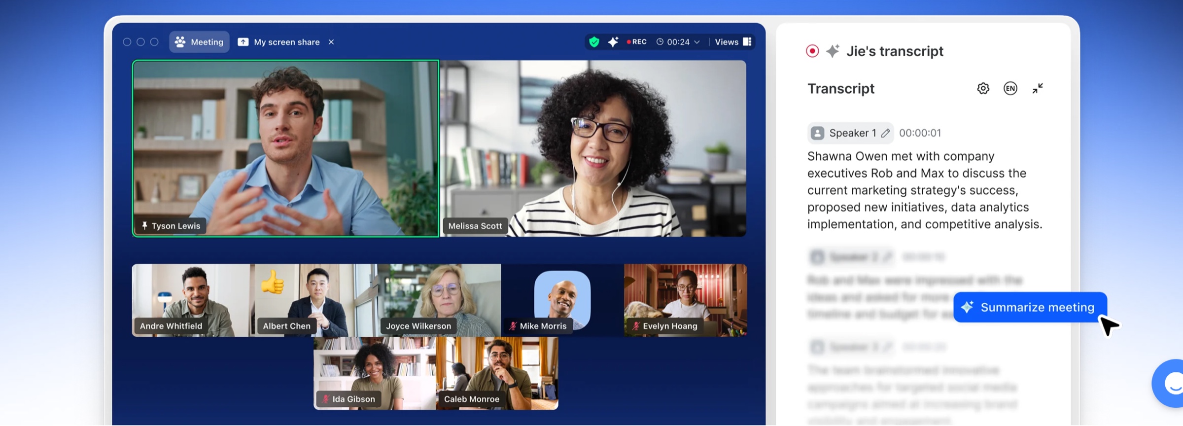 Zoom meeting interface with participant video tiles, a live transcript panel, and a Summarize meeting action.