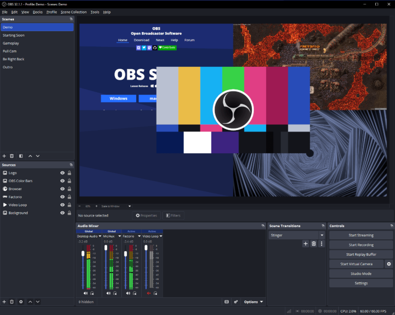 OBS Studio main window showing the scene canvas preview, Scenes and Sources docks, Audio Mixer, Scene Transitions, and Controls dock.