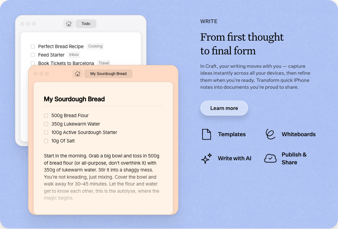 Craft document editor displaying a recipe note with ingredient checkboxes and instructions overlaid on a todo list.