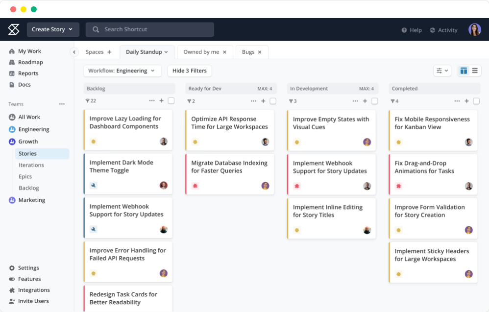 Shortcut Kanban board showing workflow columns for Backlog, Ready for Dev, In Development, and Completed with story cards, WIP limits, and navigation sidebar.