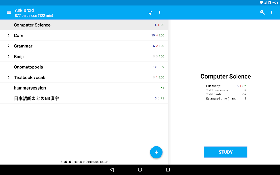 AnkiDroid tablet interface showing a deck list, study counts, deck statistics, and a Study button.