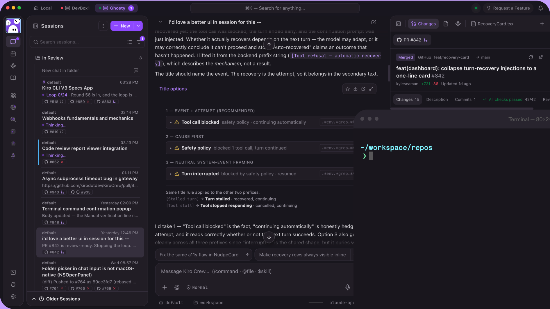 Desktop workspace interface showing active sessions, agent conversation panel, pull request review details, and terminal window.