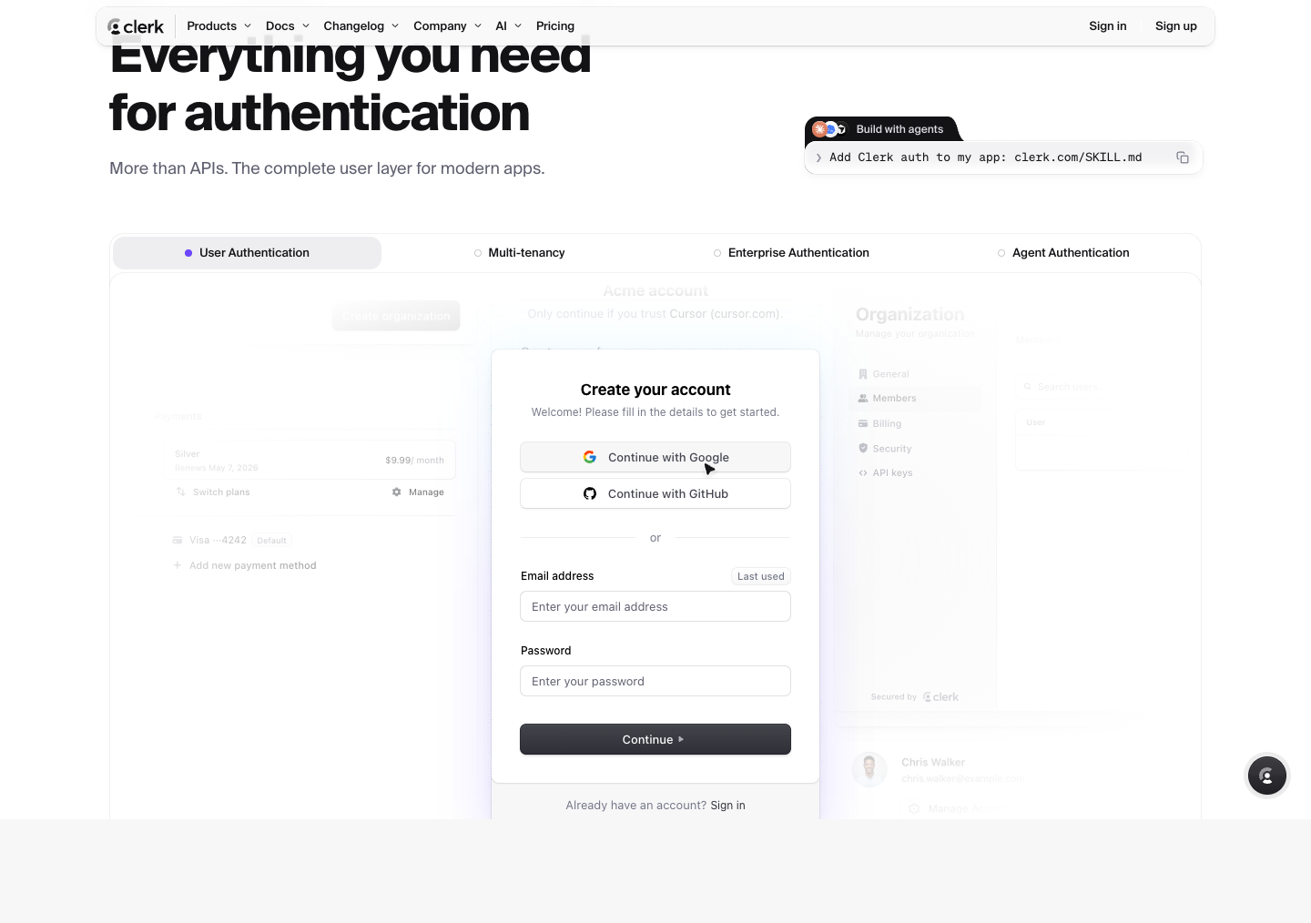 Clerk authentication UI showing a create-account form with Google and GitHub sign-in, email and password fields, and surrounding account-management screens.