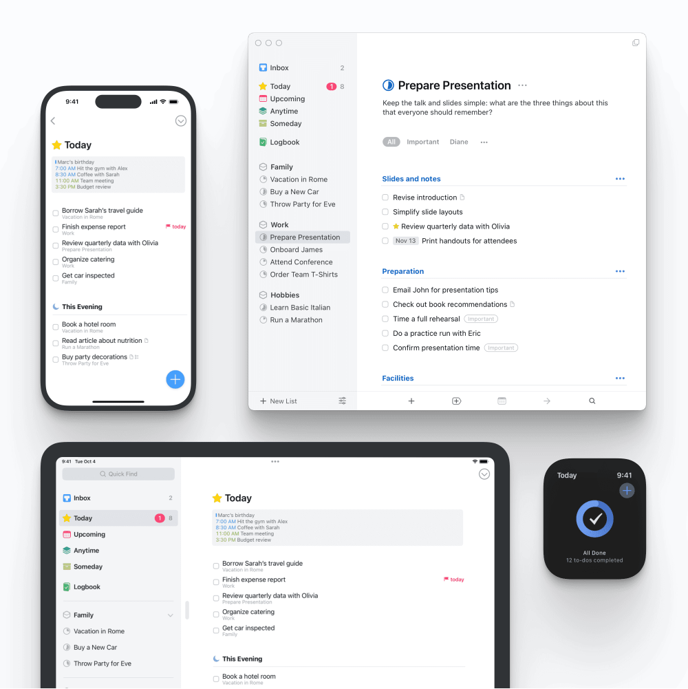 Things interface shown across iPhone, Mac, iPad, and Apple Watch, displaying task lists, project headings, and schedule views.