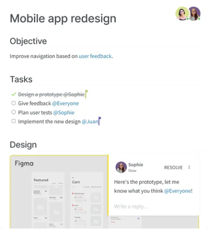 Document editor view displaying task checklists with tagged team members, collaborator cursors, and an embedded design preview with a comment.
