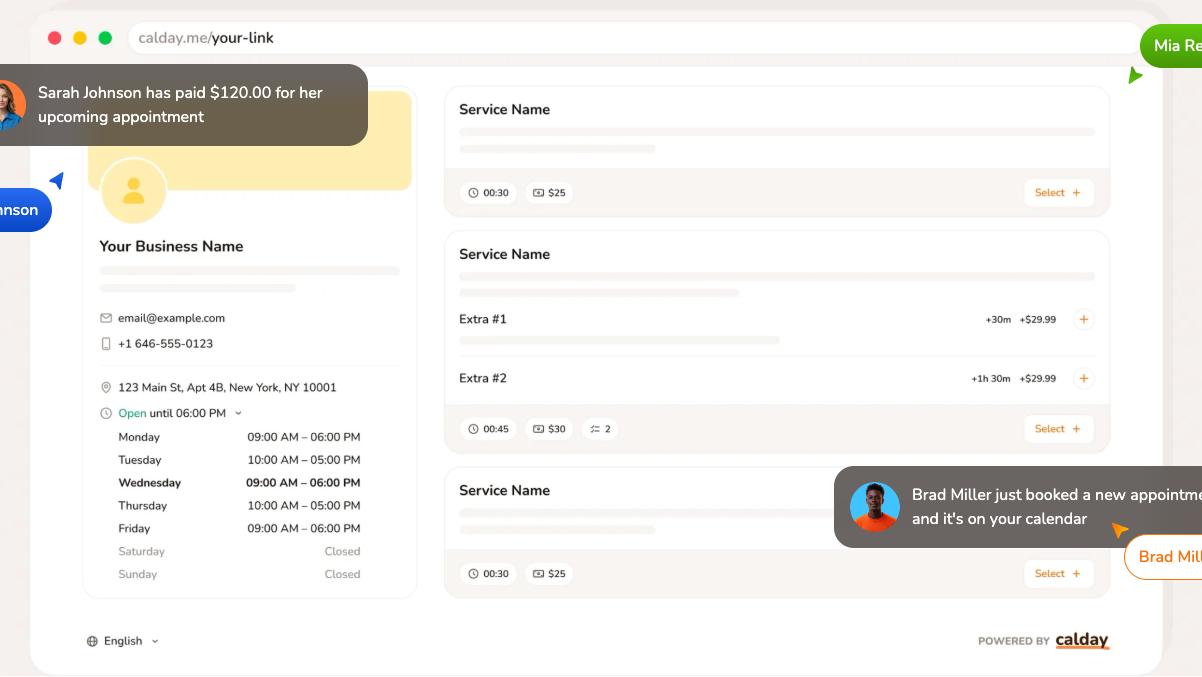 Calday booking page interface showing business contact details, operating hours, and service listings with prices and add-on options.