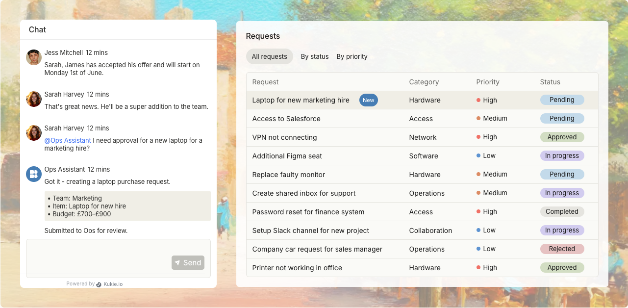 Internal operations UI with a chat panel and message input on the left, and a requests data table with filter options, priority levels, and status badges on the right.