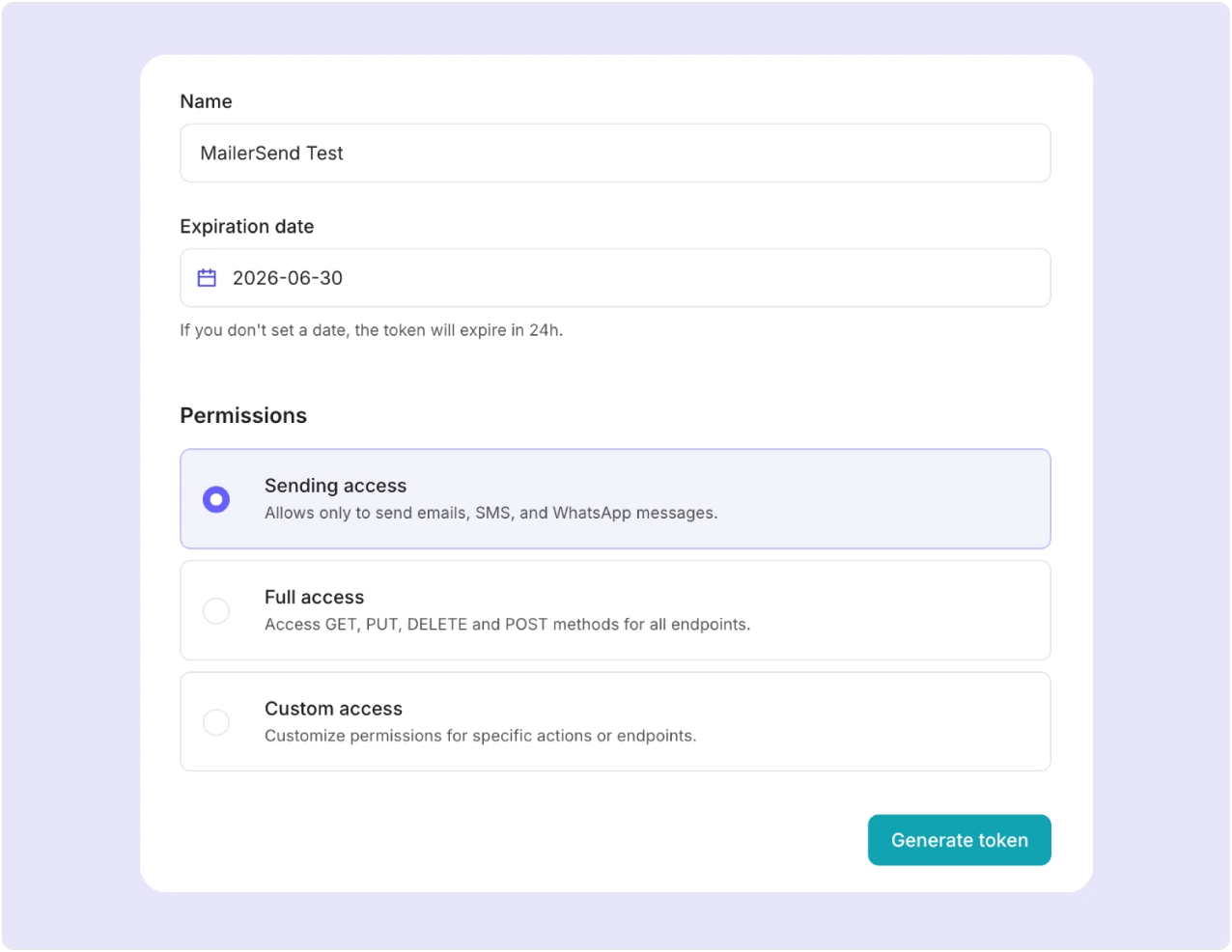 Form interface for generating an API token with options for token name, expiration date, and permission levels.