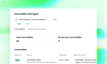 Vulnerability Intel Agent interface showing search filters for Atlassian security updates, metrics for total and weaponized vulnerabilities, and a CVE table.